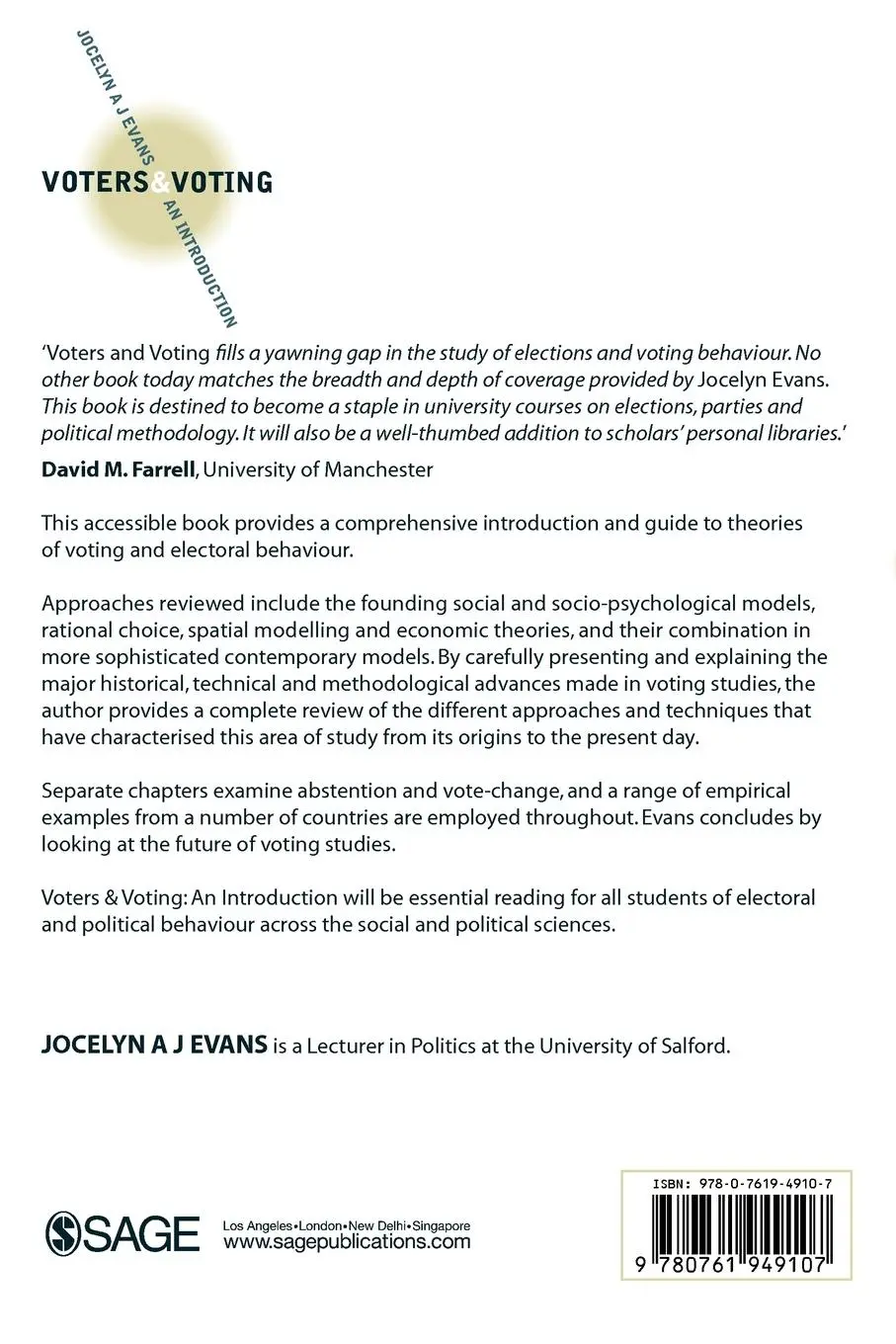 Rückseite: 9780761949107 | Voters and Voting | An Introduction | Jocelyn A J Evans | Taschenbuch