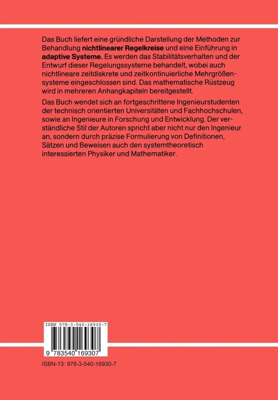 Rückseite: 9783540169307 | Nichtlineare und adaptive Regelungssysteme | Joachim Böcker (u. a.)