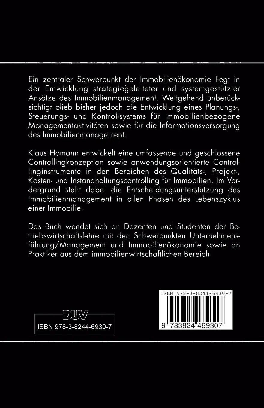 Rückseite: 9783824469307 | Immobiliencontrolling | Klaus Homann | Taschenbuch | xxviii | Deutsch