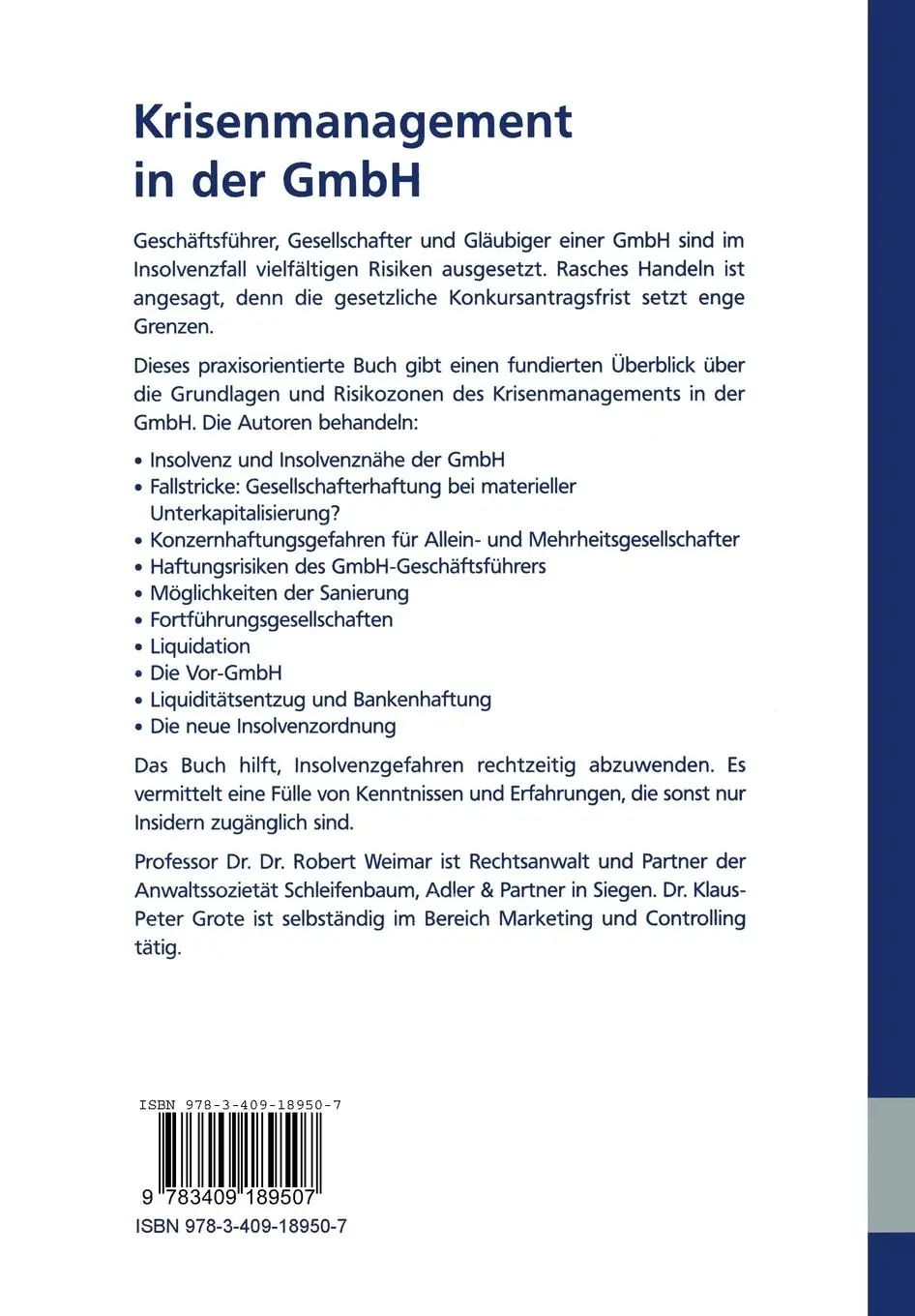 Rückseite: 9783409189507 | Krisenmanagement in der GmbH | Klaus-Peter Grote | Taschenbuch | 1998