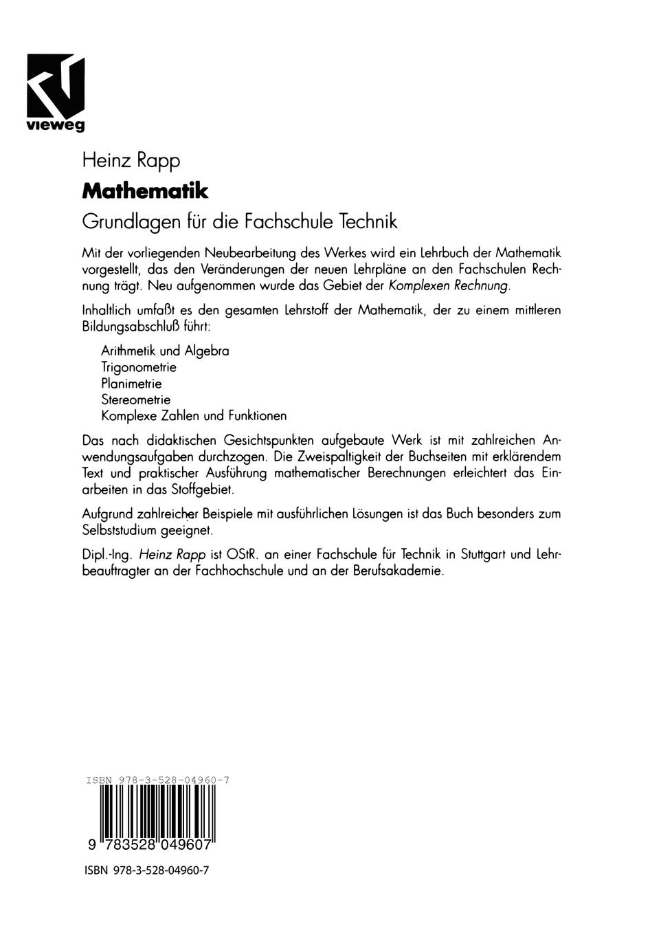 Rückseite: 9783528049607 | Mathematik | Grundlagen für die Fachschule Technik | Heinz Rapp | Buch
