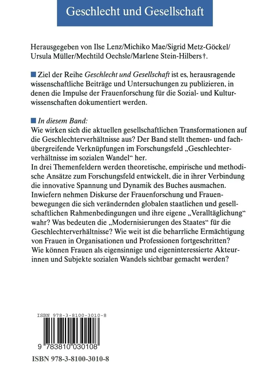 Rückseite: 9783810030108 | Geschlechterverhältnisse im sozialen Wandel | Eva Schäfer (u. a.)