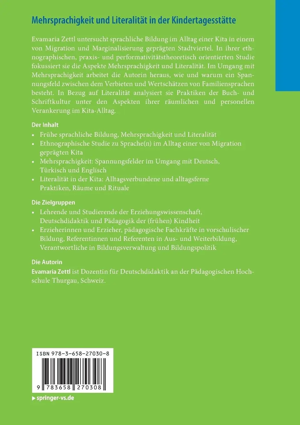 Rückseite: 9783658270308 | Mehrsprachigkeit und Literalität in der Kindertagesstätte | Zettl