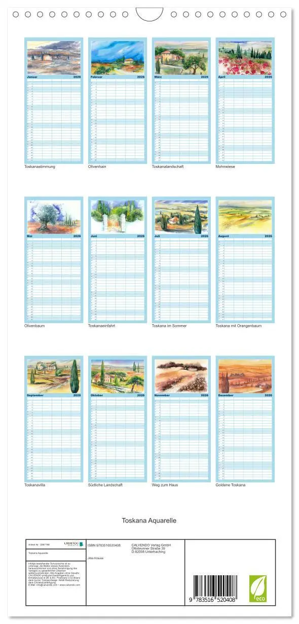 Bild: 9783516520408 | Familienplaner 2026 - Toskana Aquarelle mit 5 Spalten...