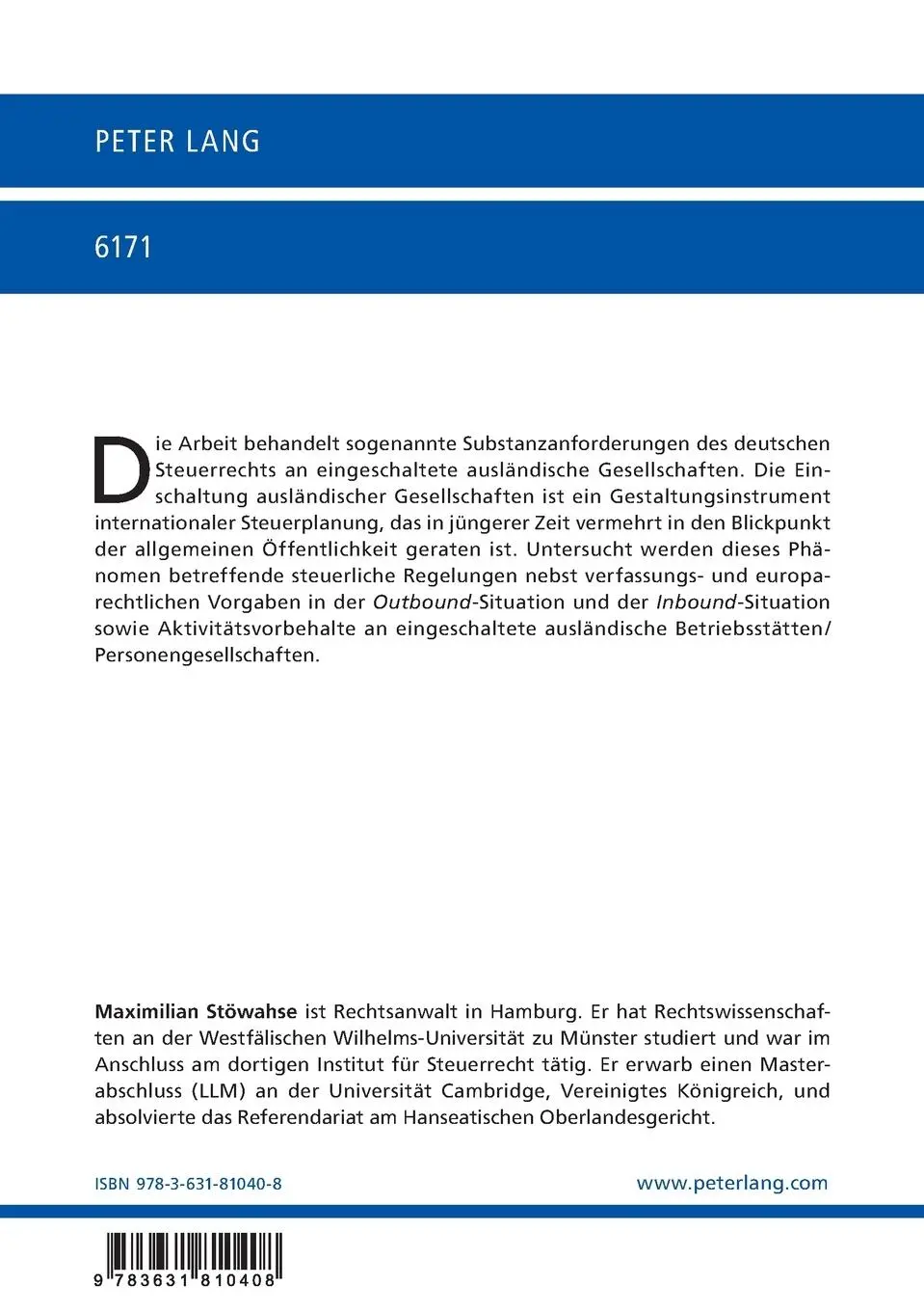Rückseite: 9783631810408 | Steuerliche Substanzanforderungen an ausländische Gesellschaften