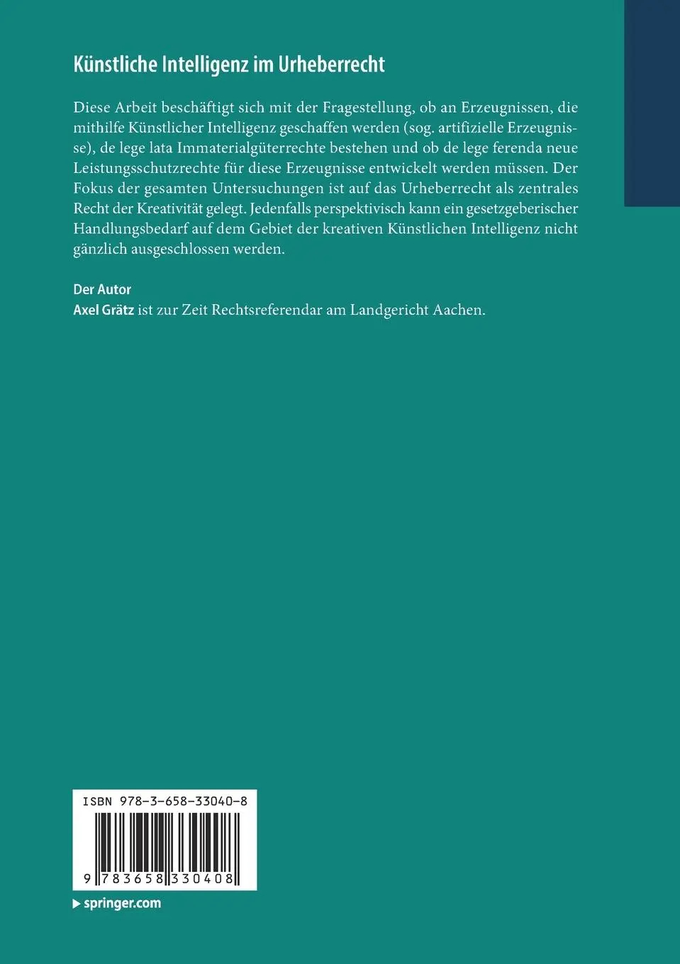 Rückseite: 9783658330408 | Künstliche Intelligenz im Urheberrecht | Axel Grätz | Taschenbuch