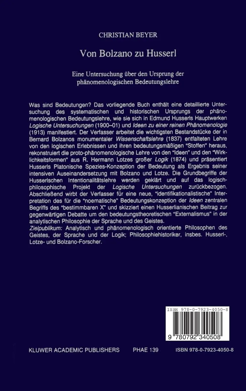 Rückseite: 9780792340508 | Von Bolzano zu Husserl | C. Beyer | Buch | Deutsch | 1996
