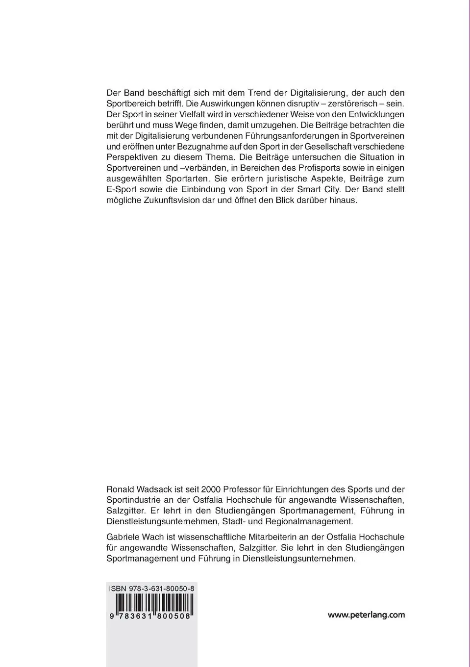 Rückseite: 9783631800508 | Digitale Disruption und Sportmanagement | Gabriele Wach (u. a.) | Buch