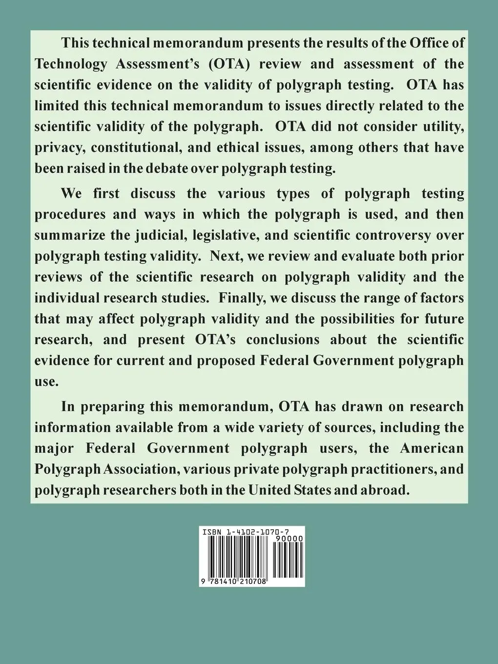 Rückseite: 9781410210708 | Scientific Validity of Polygraph Testing | Assessment (u. a.) | Buch