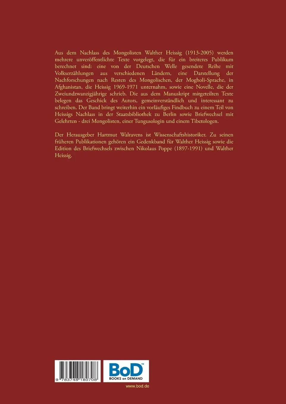 Rückseite: 9783748180708 | Walther Heissig (1913-2005) Aus dem Nachlass des Mongolisten und...