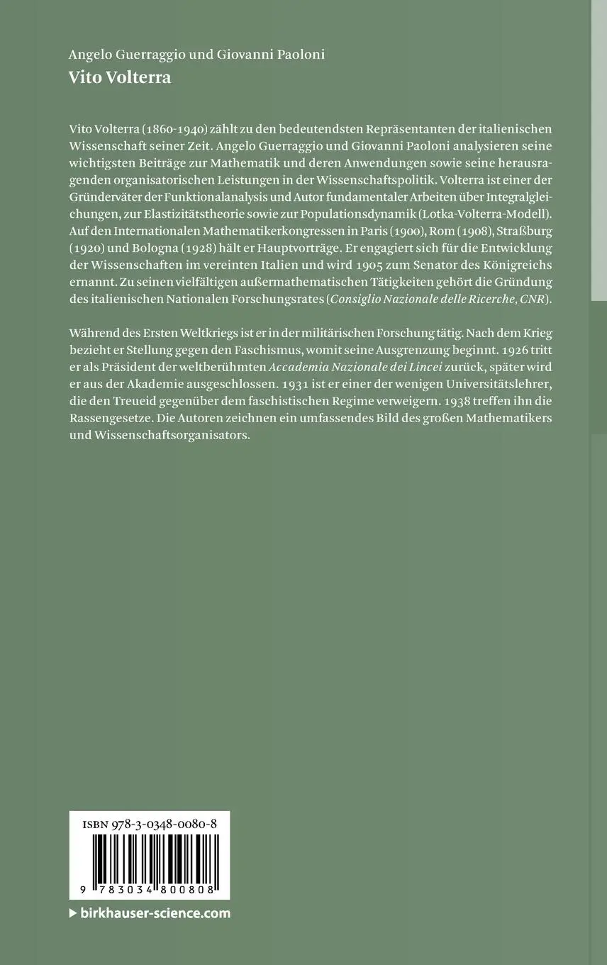 Rückseite: 9783034800808 | Vito Volterra | Angelo Guerraggio (u. a.) | Buch | xii | Deutsch