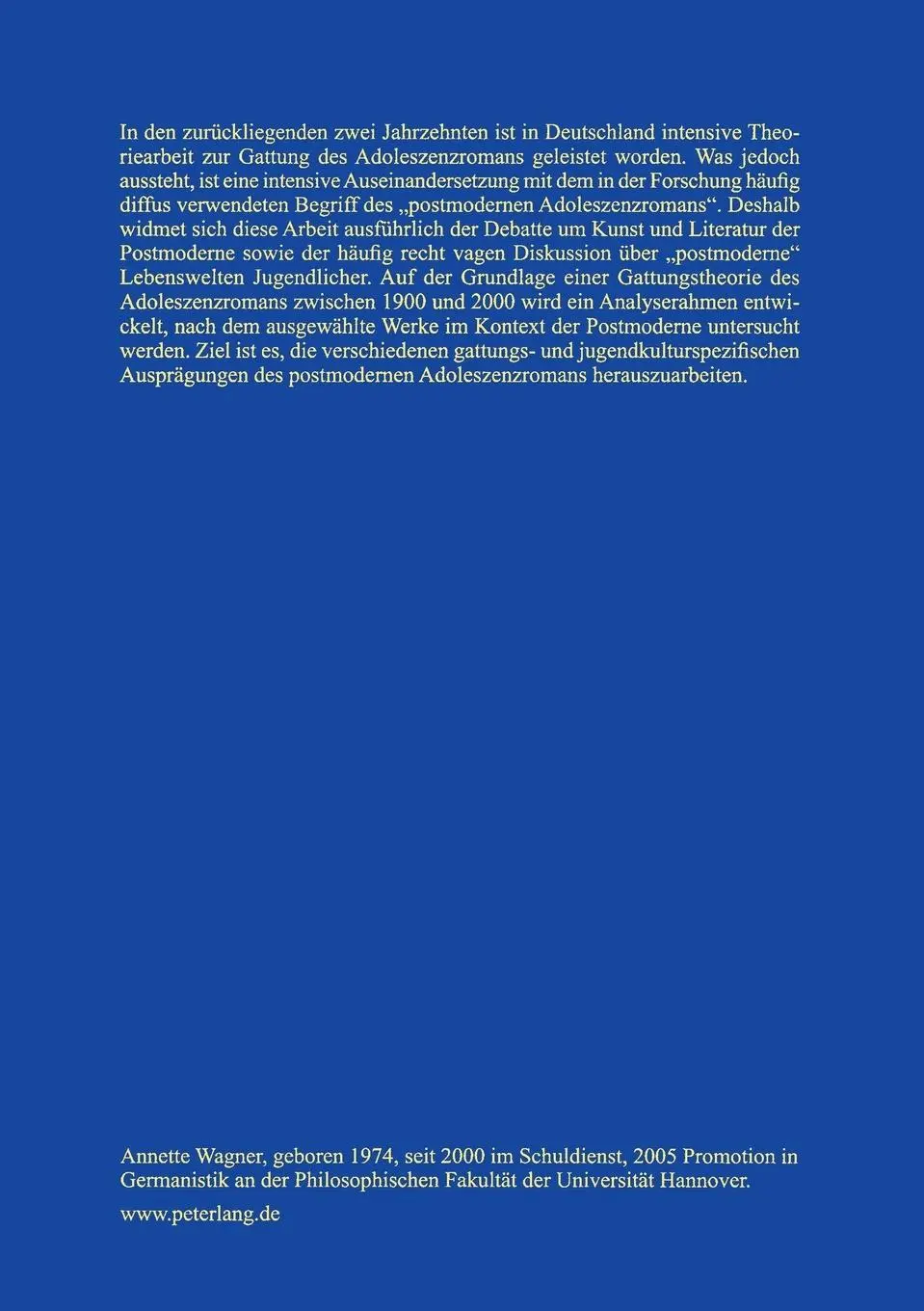 Rückseite: 9783631560808 | Postmoderne im Adoleszenzroman der Gegenwart | Annette Wagner | Buch