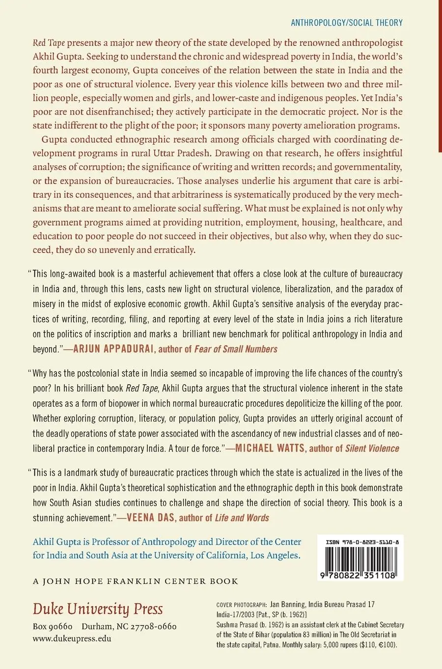 Rückseite: 9780822351108 | Red Tape | Bureaucracy, Structural Violence, and Poverty in India