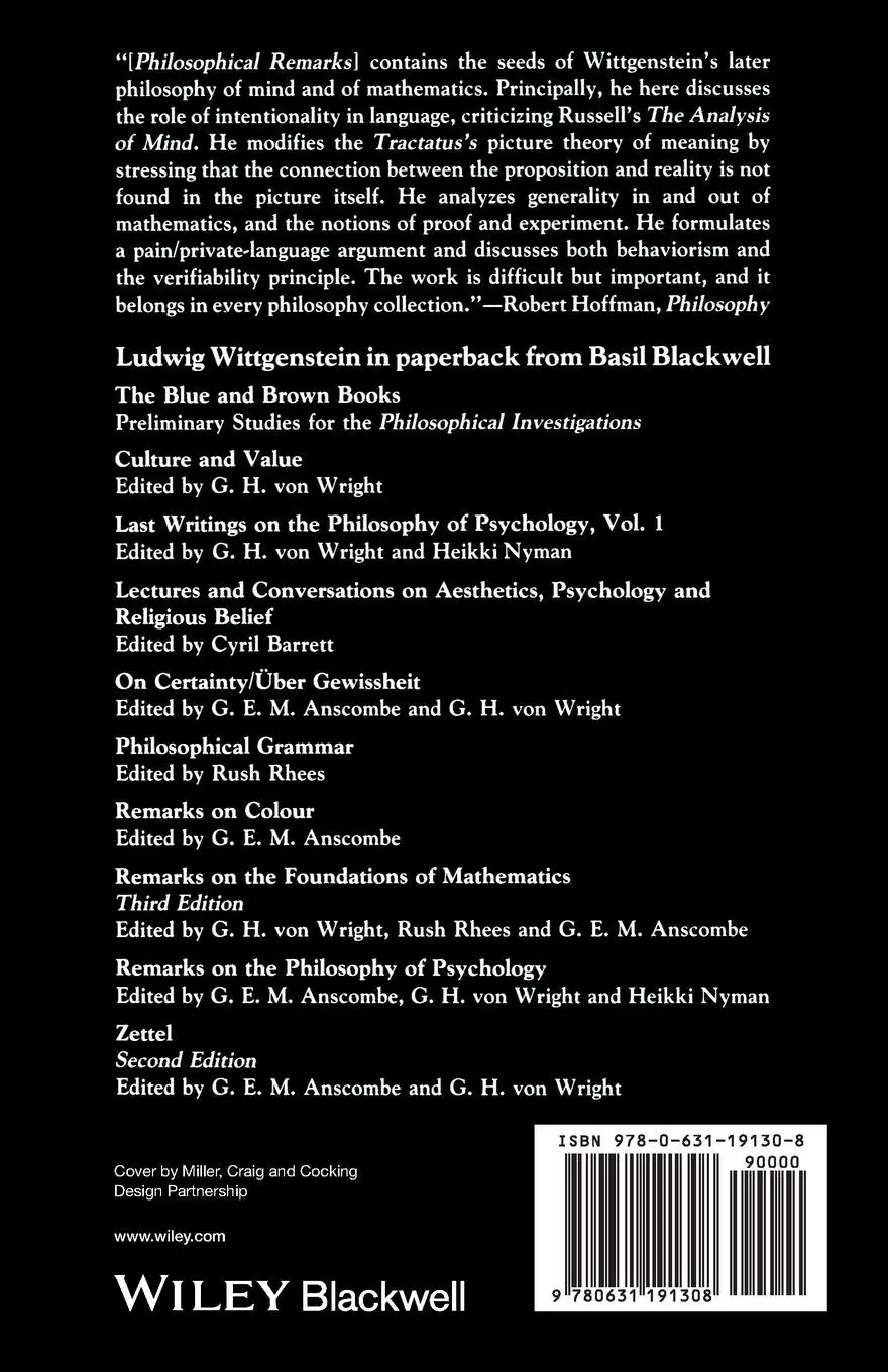 Rückseite: 9780631191308 | Philosophical Remarks | Ludwig Wittgenstein | Taschenbuch | Englisch