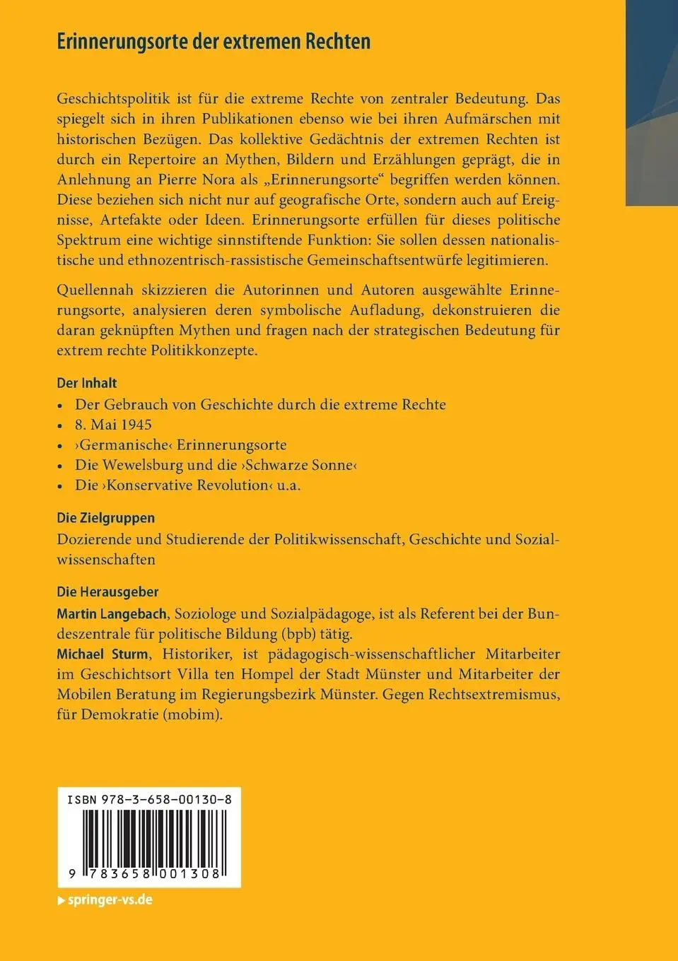 Rückseite: 9783658001308 | Erinnerungsorte der extremen Rechten | Michael Sturm (u. a.) | Buch