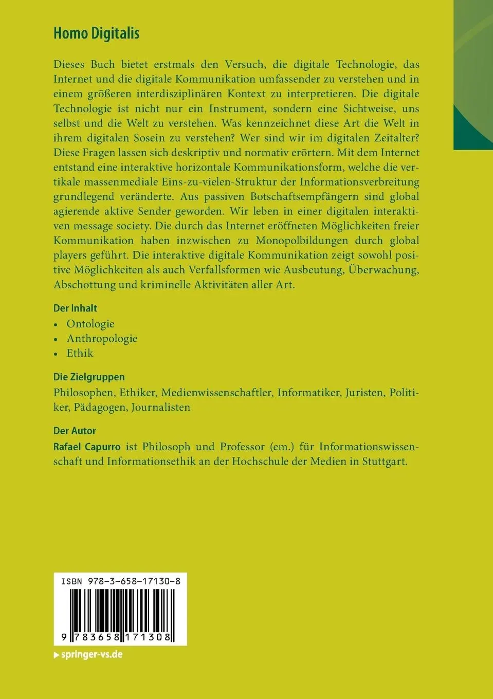 Rückseite: 9783658171308 | Homo Digitalis | Rafael Capurro | Taschenbuch | xix | Deutsch | 2017