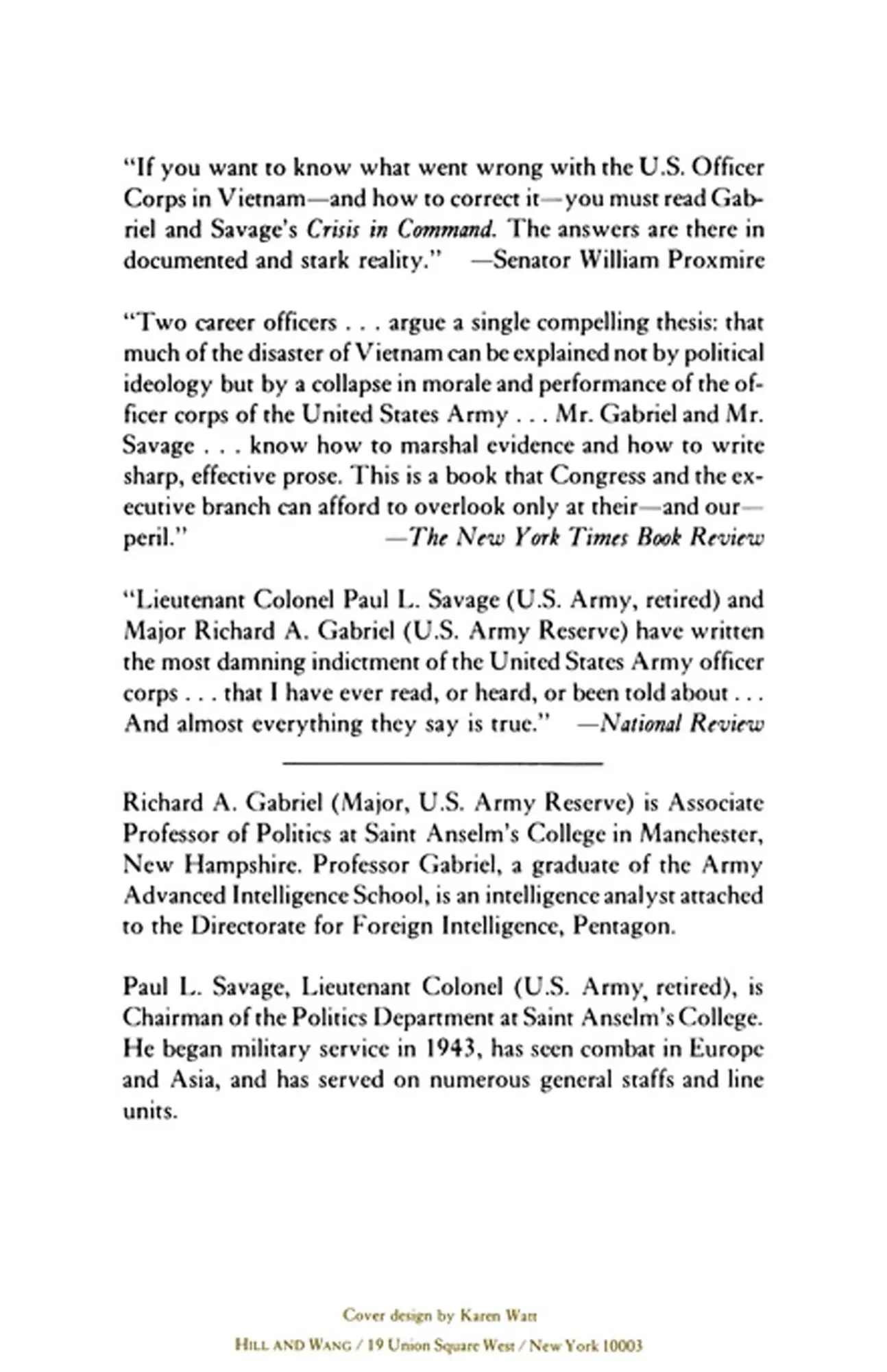 Rückseite: 9780809001408 | Crisis in Command | Mismanagement in the Army | Gabriel (u. a.) | Buch