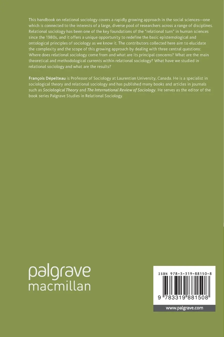 Rückseite: 9783319881508 | The Palgrave Handbook of Relational Sociology | François Dépelteau