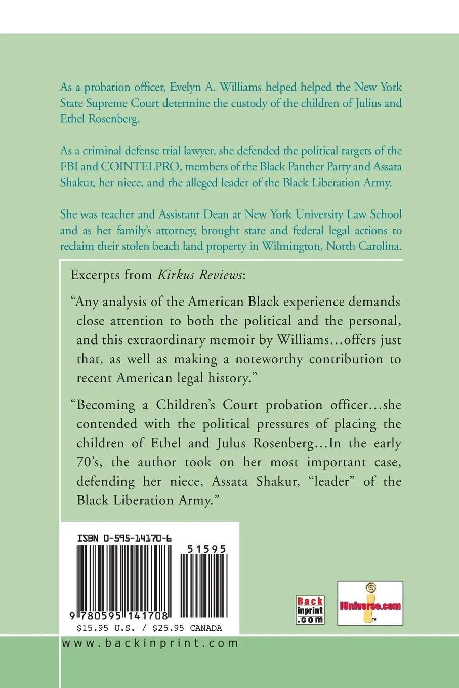 Rückseite: 9780595141708 | Inadmissible Evidence | Evelyn A. Williams | Taschenbuch | Englisch