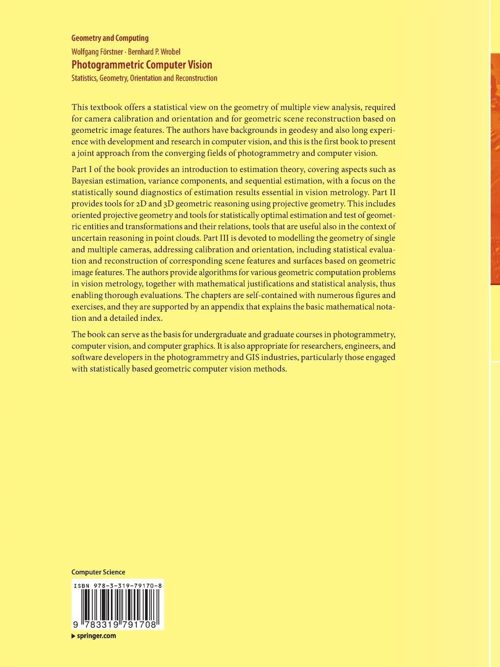 Rückseite: 9783319791708 | Photogrammetric Computer Vision | Bernhard P. Wrobel (u. a.) | Buch
