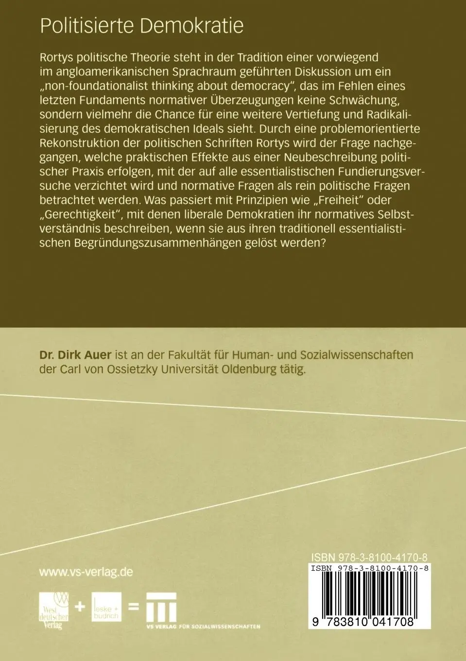 Rückseite: 9783810041708 | Politisierte Demokratie | Dirk Auer | Taschenbuch | 208 S. | Deutsch