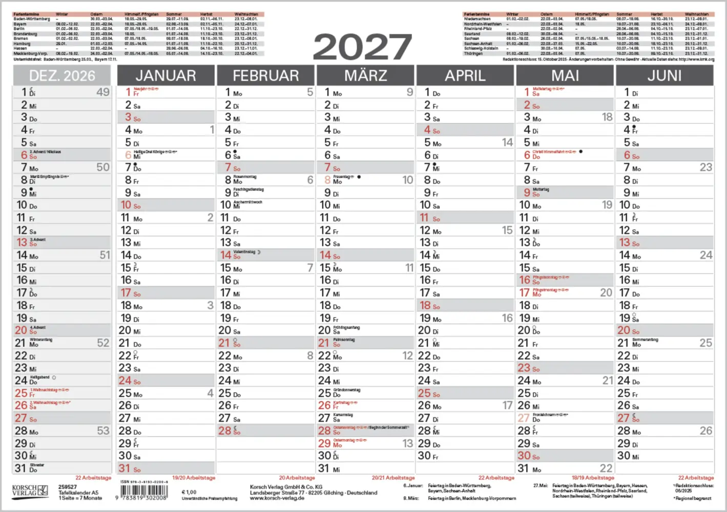 Cover: 9783819302008 | Tafelkalender A5 2027 | Korsch Verlag | Kalender | 1 S. | Deutsch