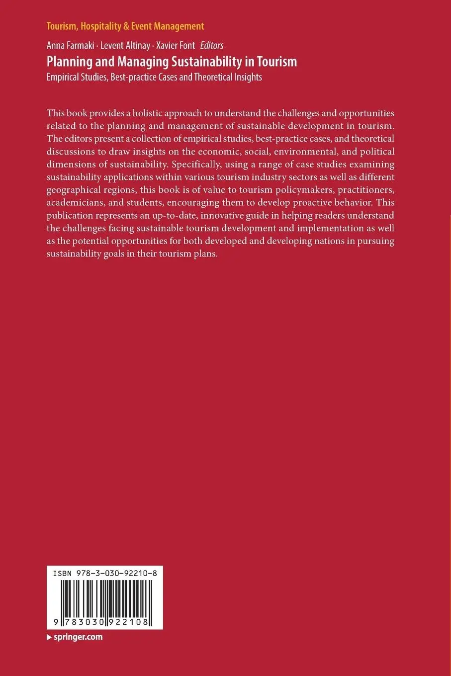 Rückseite: 9783030922108 | Planning and Managing Sustainability in Tourism | Anna Farmaki (u. a.)