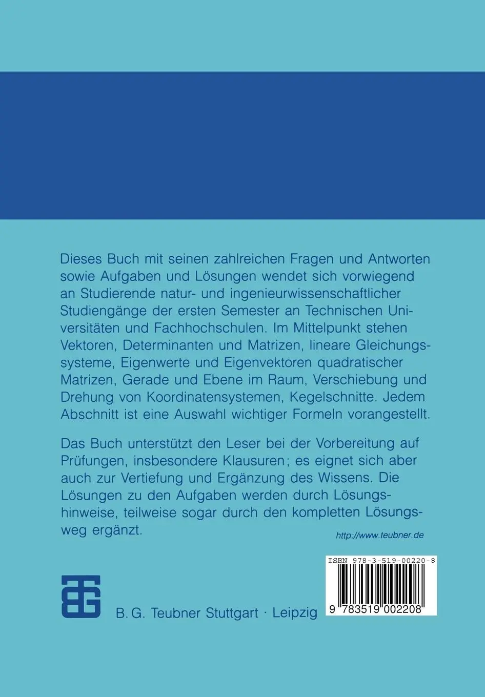 Rückseite: 9783519002208 | Lineare Algebra und Analytische Geometrie in Fragen und Übungsaufgaben
