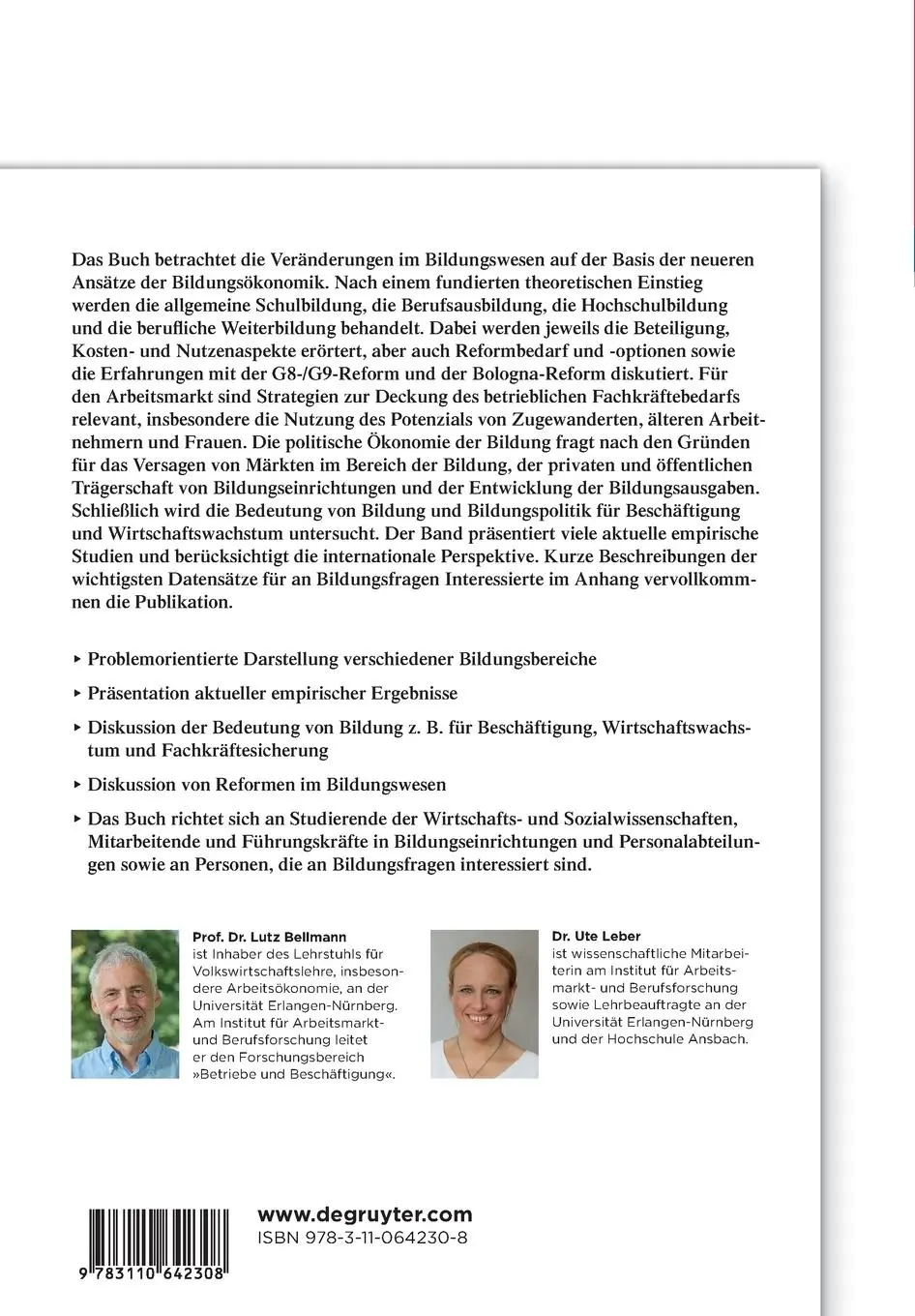 Rückseite: 9783110642308 | Bildungsökonomik | Ute Leber (u. a.) | Taschenbuch | VII | Deutsch