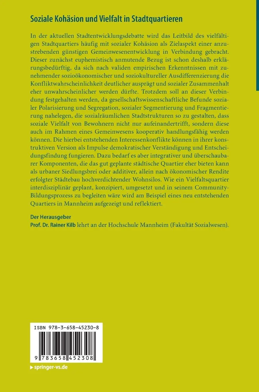 Rückseite: 9783658452308 | Soziale Kohäsion und Vielfalt in Stadtquartieren | Rainer Kilb | Buch