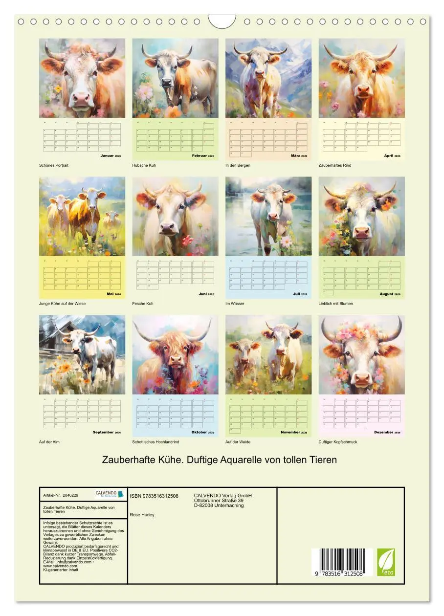 Bild: 9783516312508 | Zauberhafte Kühe. Duftige Aquarelle von tollen Tieren (Wandkalender...