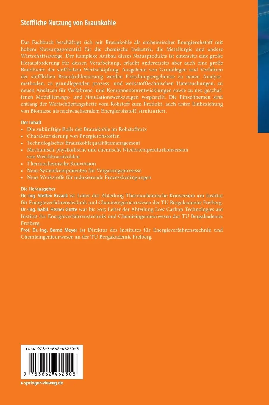 Rückseite: 9783662462508 | Stoffliche Nutzung von Braunkohle | Steffen Krzack (u. a.) | Buch