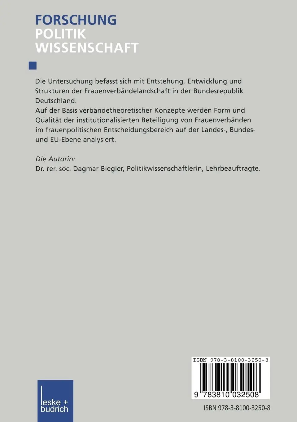 Rückseite: 9783810032508 | Frauenverbände in Deutschland | Dagmar Biegler | Taschenbuch | 319 S.