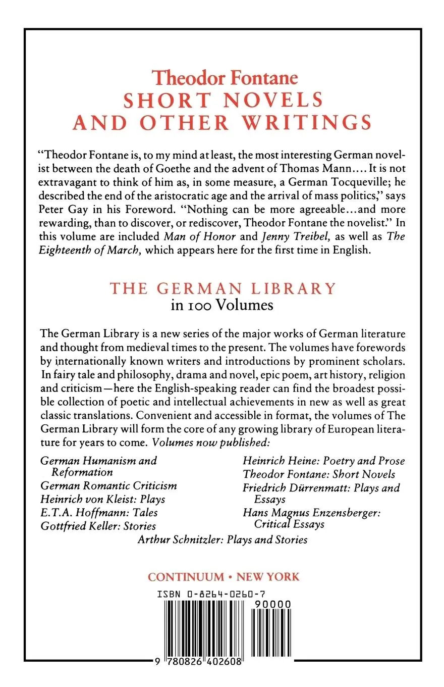 Rückseite: 9780826402608 | Short Novels and Other Writings | Theodor Fontane | Fontane (u. a.)