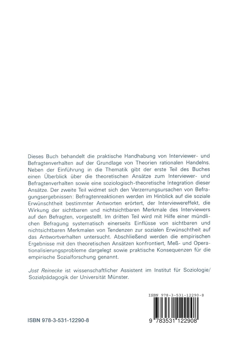 Rückseite: 9783531122908 | Interviewer- und Befragtenverhalten | Jost Reinecke | Taschenbuch | xx