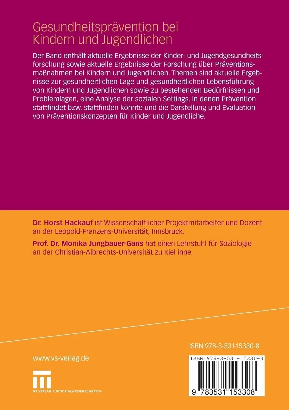 Rückseite: 9783531153308 | Gesundheitsprävention bei Kindern und Jugendlichen | Taschenbuch