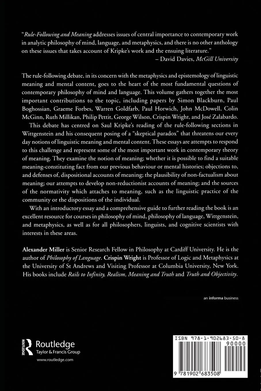 Rückseite: 9781902683508 | Rule-following and Meaning | Alexander Miller (u. a.) | Taschenbuch