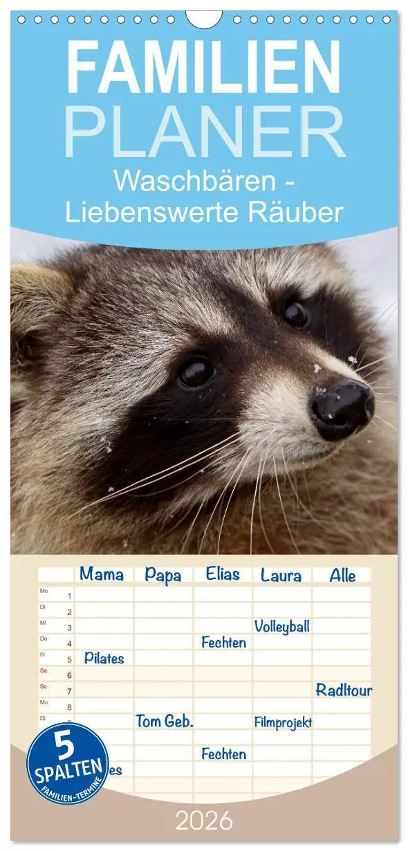 Cover: 9783516523508 | Familienplaner 2026 - Waschbären mit 5 Spalten (Wandkalender, 21 x...