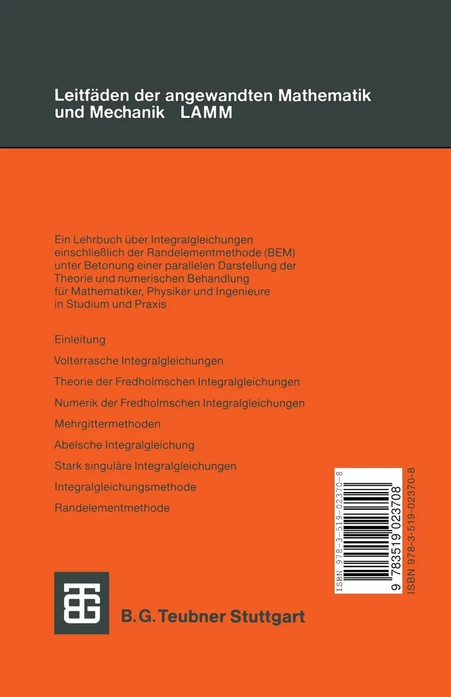 Rückseite: 9783519023708 | Integralgleichungen | Theorie und Numerik | Wolfgang Hackbusch | Buch
