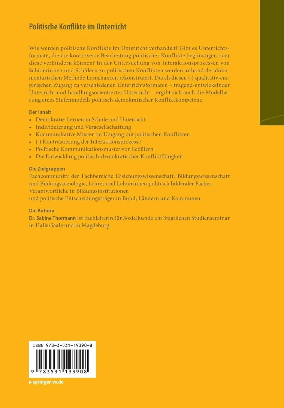 Rückseite: 9783531193908 | Politische Konflikte im Unterricht | Sabine Thormann | Taschenbuch