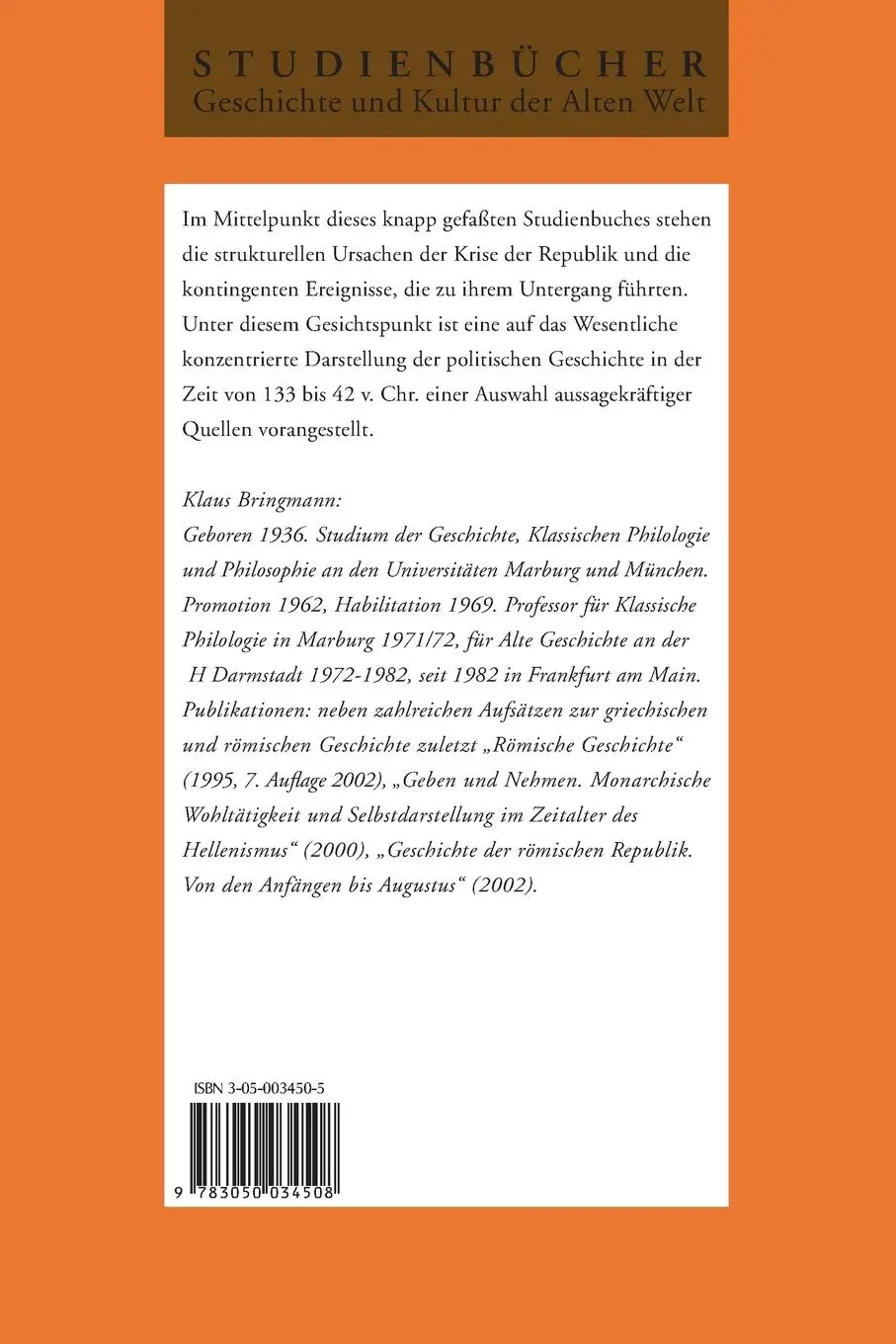 Rückseite: 9783050034508 | Krise und Ende der römischen Republik (133-42 v. Chr.) | Bringmann