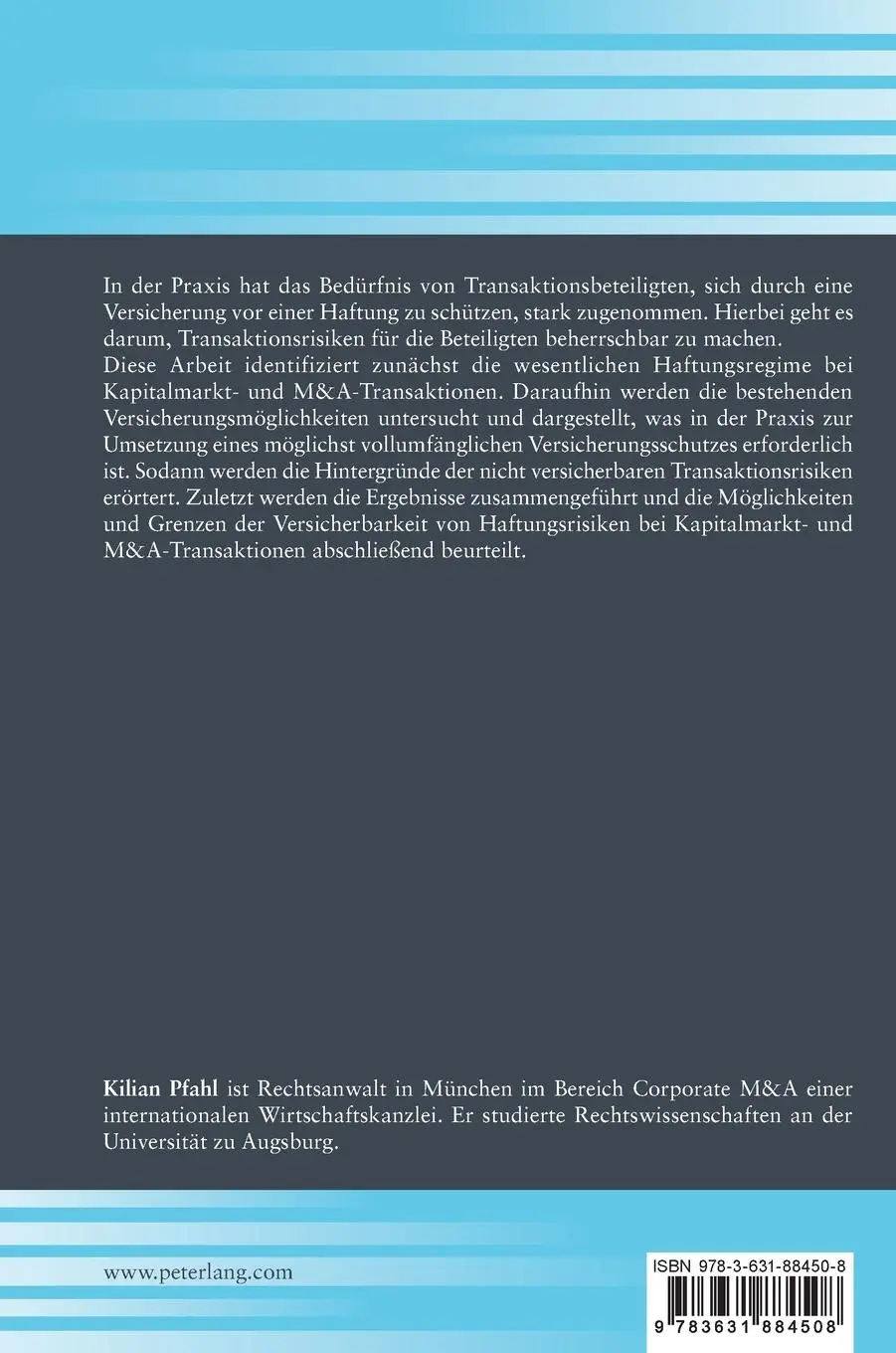 Rückseite: 9783631884508 | Die Absicherung von Haftungsrisiken durch Versicherungen bei...