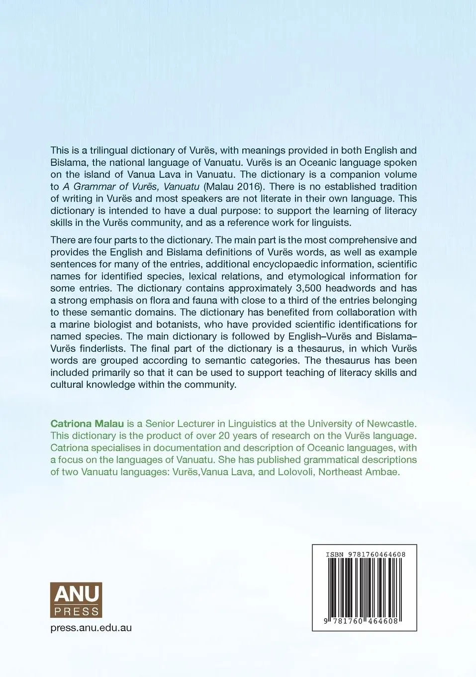 Rückseite: 9781760464608 | A Dictionary of Vurës, Vanuatu | Catriona Malau | Taschenbuch | 2021