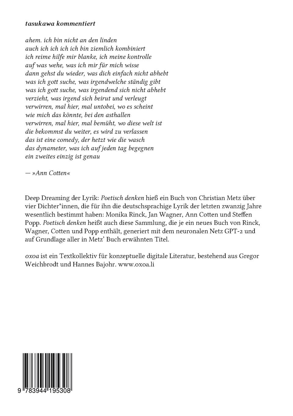Rückseite: 9783944195308 | Poetisch denken 3: Ann Cotten | Xa (Hg. | Taschenbuch | 160 S. | 2020