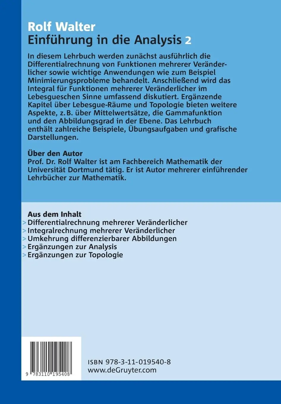 Rückseite: 9783110195408 | Rolf Walter: Einführung in die Analysis. 2 | Rolf Walter | Taschenbuch