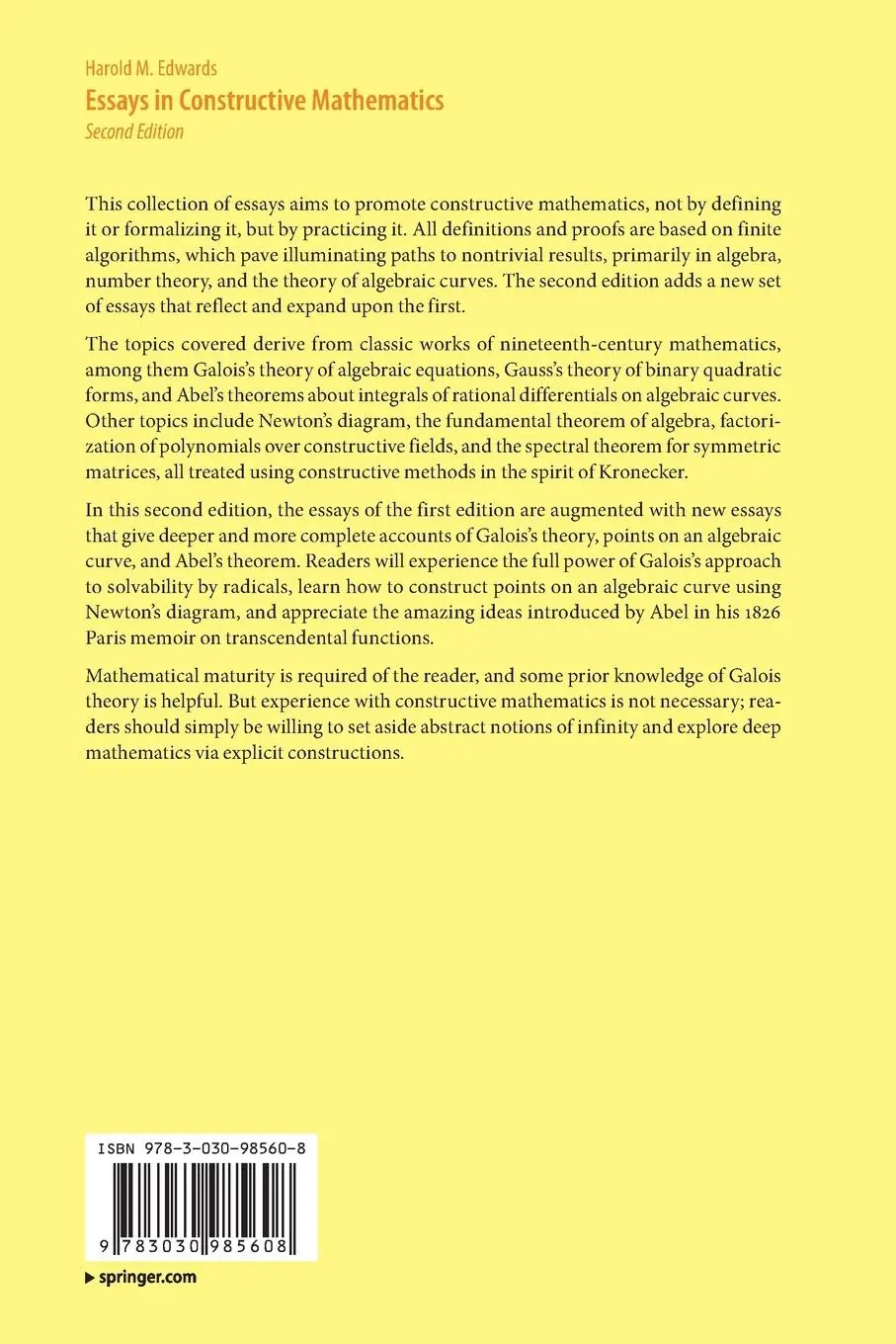 Rückseite: 9783030985608 | Essays in Constructive Mathematics | Harold M. Edwards | Taschenbuch