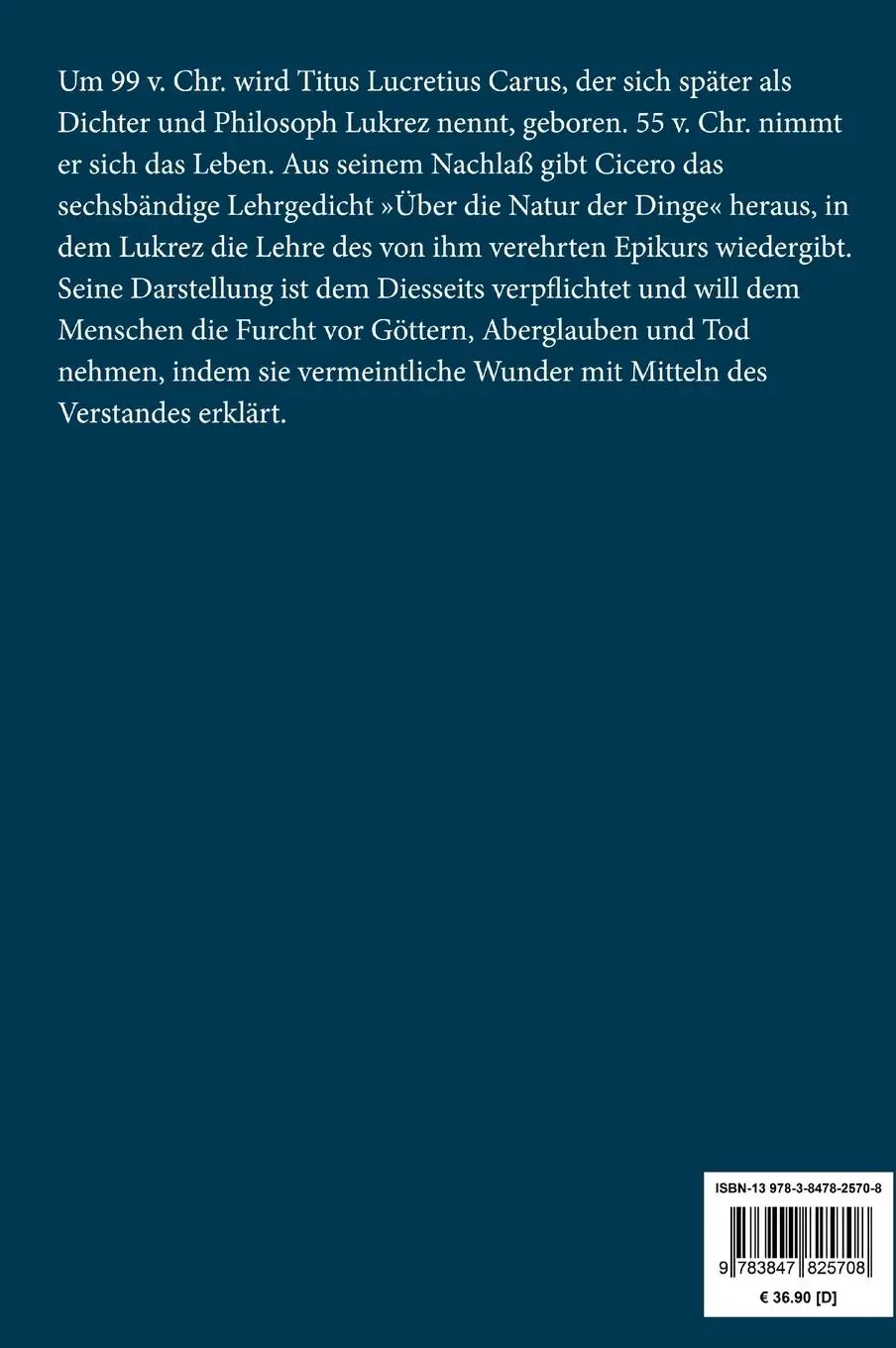 Rückseite: 9783847825708 | Über die Natur der Dinge (Großdruck) | Lukrez | Buch | 304 S. | 2019