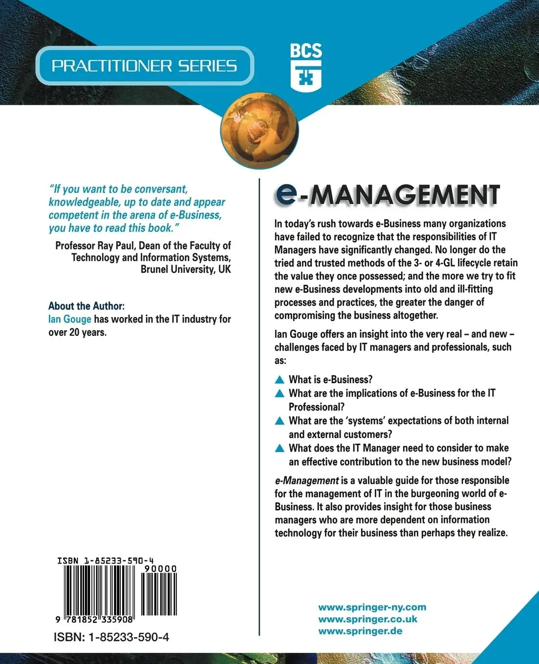 Rückseite: 9781852335908 | e-Management | The Impact of e-Business on Today's IT Manager | Gouge