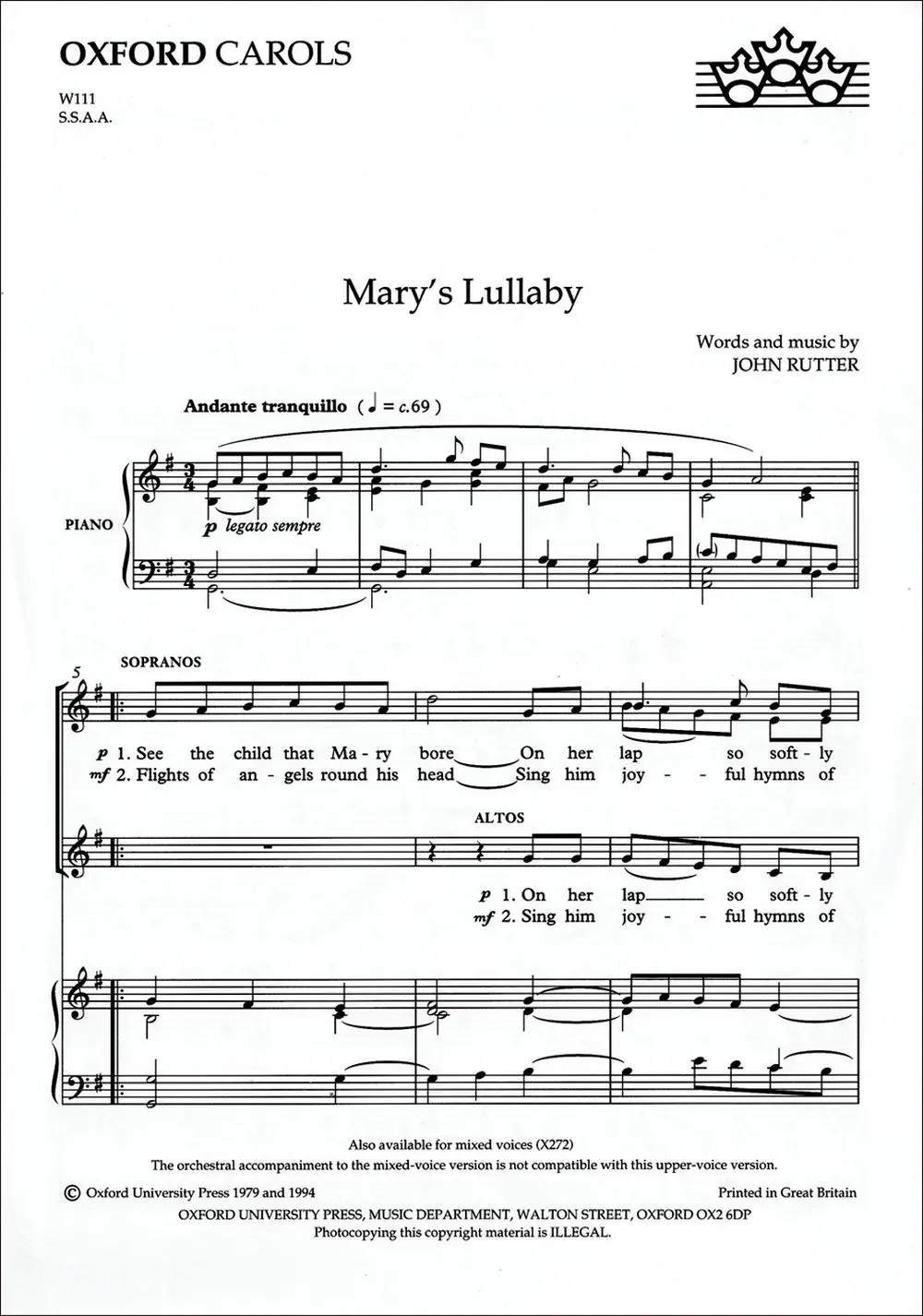 Cover: 9780193426108 | Mary's Lullaby | John Rutter | Noten | Oxford Christmas Carols | 1994