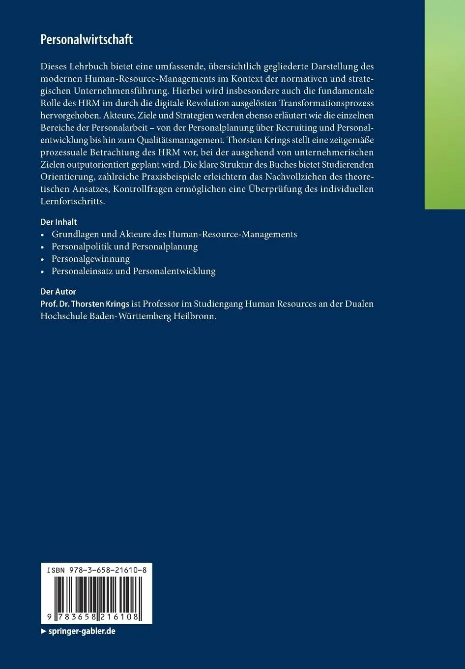 Rückseite: 9783658216108 | Personalwirtschaft | Grundlagen betrieblicher Personalarbeit | Krings